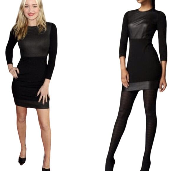 Robert Rodriguez size 2 Mini Dress Long Sleeve Stretch Jersey Black Leather Trim - Picture 1 of 10